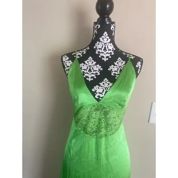 Zara bright green maxi slip dress lace midriff size M slinky silky backless flaw - Picture 2 of 6